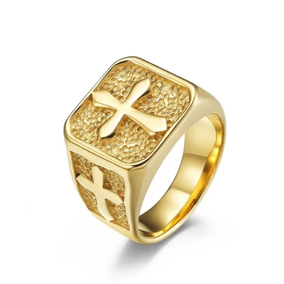 Men's Stainless Steel 14K Gold Plated Cross Ring Size 11 - Picture 1 of 8